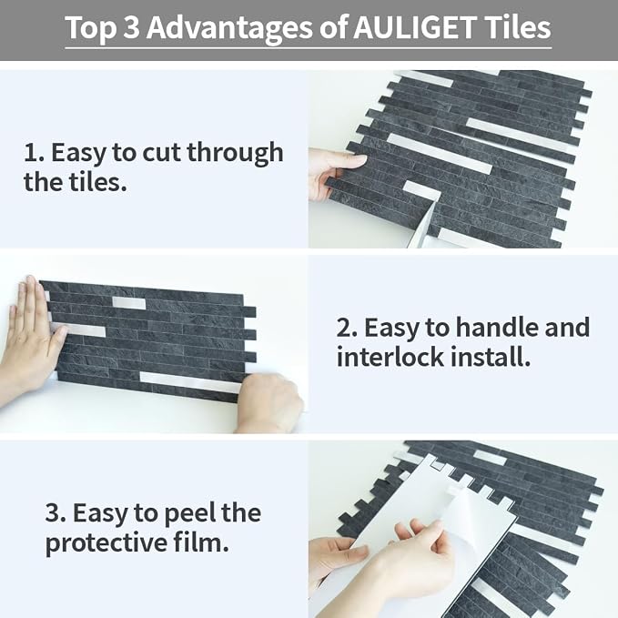 AULIGET 2 Sheets Black Slate Peel and Stick Backsplash, PVC Mixed Metal Silver - Image 7