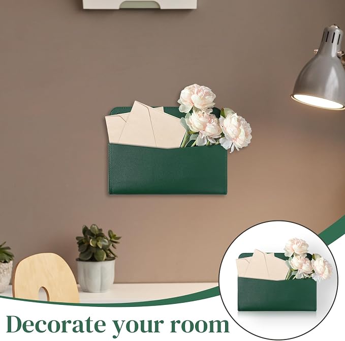 3 PCS Wall Mount PU Leather Mail Holder Green Faux Leather Letter Holder - Image 6