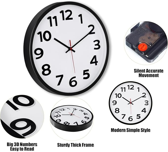 Keepcross 14 Inch Wall Clock Battery Operated Silent Non-Ticking, 3D Big - Image 4