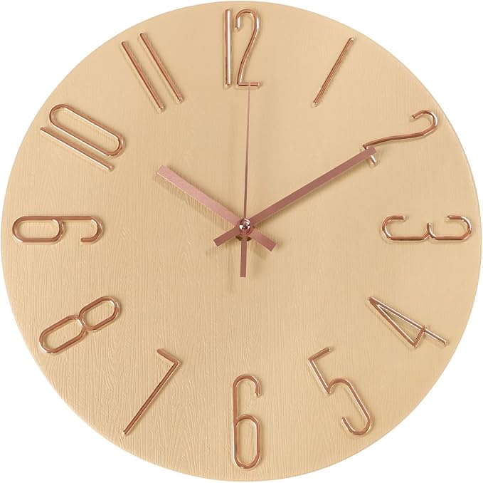 Wall Clock 12 Inch Silent Non-Ticking Imitation Wood Indoor Clock Round Beige by BAKBRAND