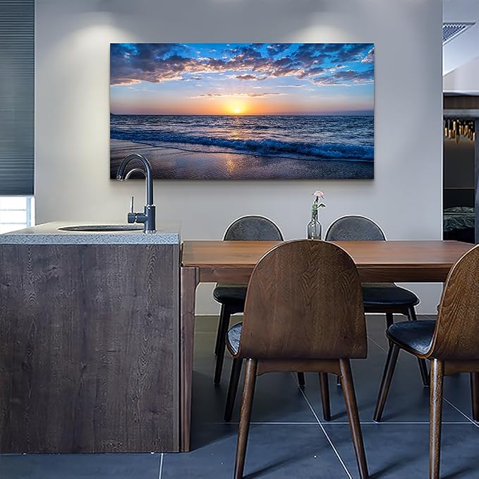 Wapluam Beach Wall Art Blue Sea Coastal Sunset Natural Scenery Picture Print On - Image 3