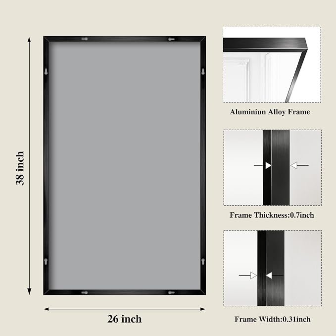 Koonmi Black Mirrors for Wall, 26x38 Inch Bathroom Mirror, Rectangular Wall - Image 2