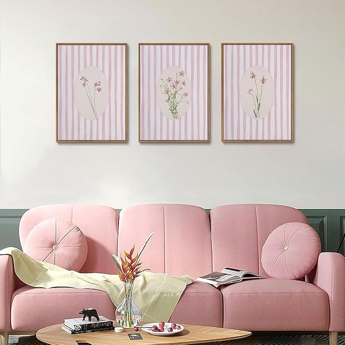 KISSFOX 3 Piece Floral Framed Wall Art Pink Wildflower Canvas Wall Art Flower - Image 2