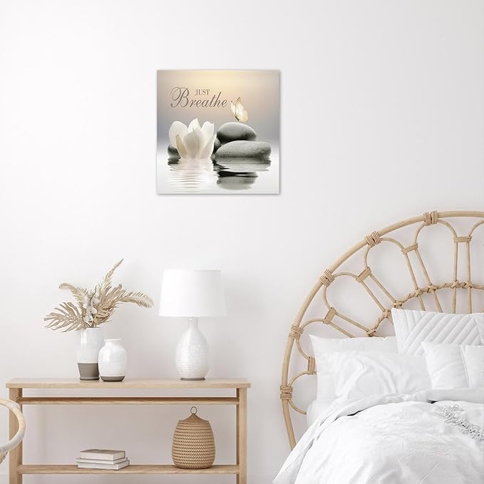 EOBTAIN Zen Flower Canvas Wall Art Bathroom Butterfly and Water Lily Stone - Image 3