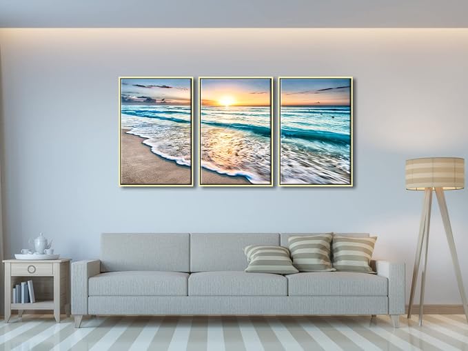 Wieco Art Framed Wall Art 3 Panels Blue Beach Canvas Art - Image 5