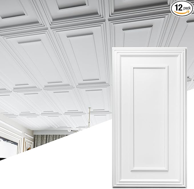 Art3d Drop Ceiling Tiles, 24x48in. White, Polyvinyl Chloride, Glue Down by Art3d