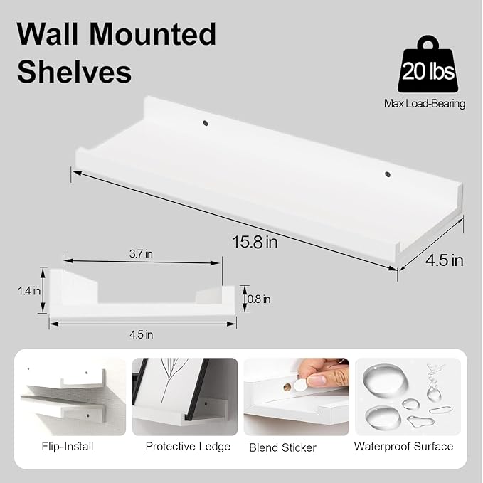 White Floating Shelves for Wall Decor, Wall Mounted Wood Storage Shelf for - Image 2