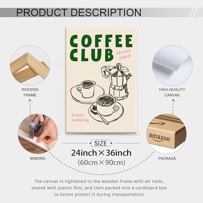 Framed Canvas Wall Art Posters Kitchen Coffee Club Print Vintage Coffee Artwork - Image 2