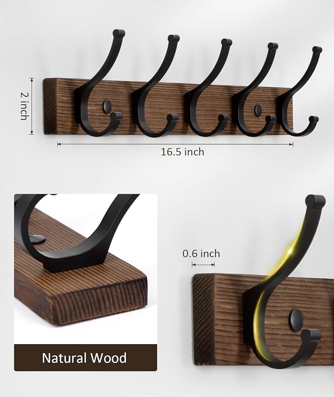 Optish Coat Rack Wall Mount, 16.5 Inches Wood Coat Hooks Wall Mount, Wall Coat - Image 7