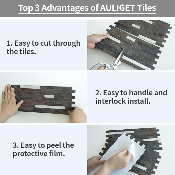 AULIGET 20 Sheets Rust Slate Peel and Stick Backsplash, PVC Mixed Metal Silver - Image 7