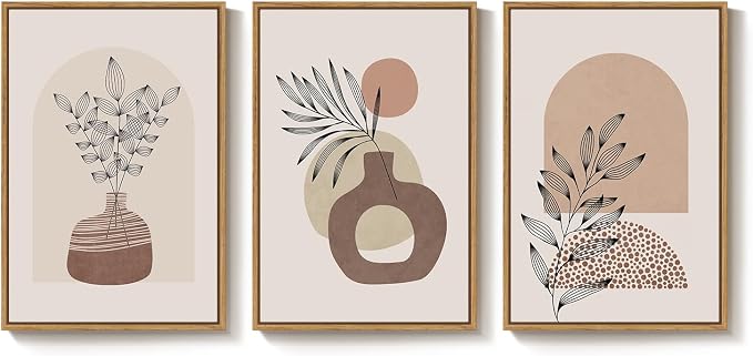 Framed Neutral Boho Wall Art Bedroom, 3 Piece Abstract Bohemian Brown Botanical - Image 9