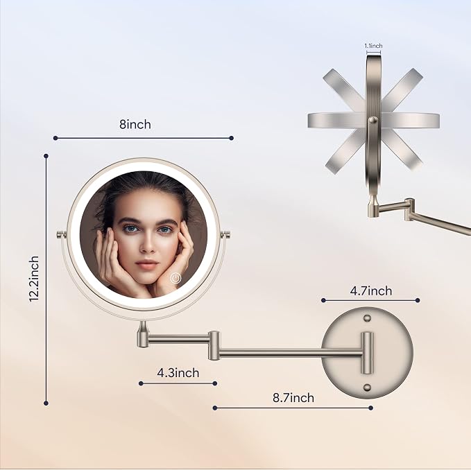 Rocollos Rechargeable Wall Mounted Lighted Makeup Mirror, 8 Inch Double-Sided - Image 7