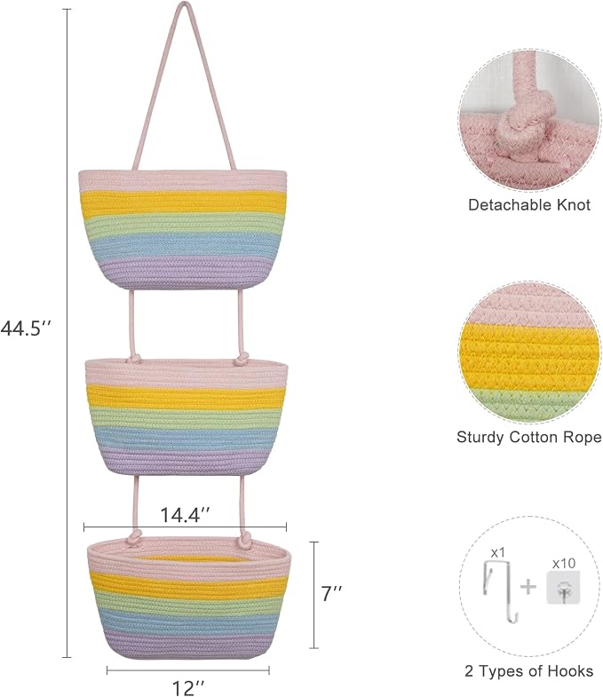 TeoKJ Over the Door Hanging Basket, 3-Tier Woven Cotton Wall-Mounted Storage - Image 2