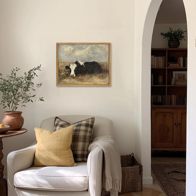 AtterrirArt Vintage Framed Wall Art, Rustic Cow Picture Painting Print - Image 2