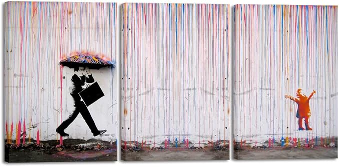 Wieco Art 3 Piece Banksy Famous Canvas Paintings Wall Art Raining day Modern by WiecoArt