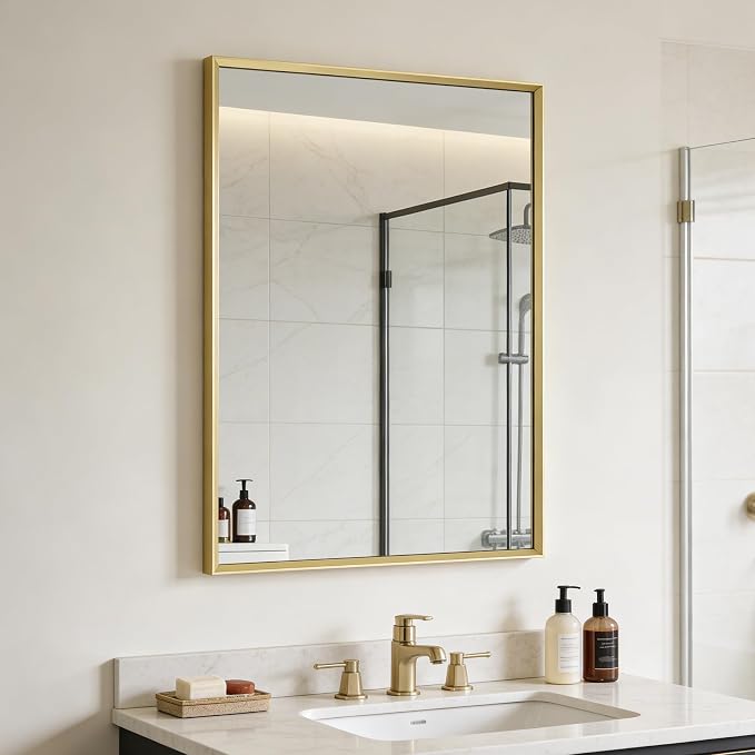 Bathroom Mirror for Wall, 20x30 Inch Metal Framed Mirror, Brushed Gold by Ruomeng