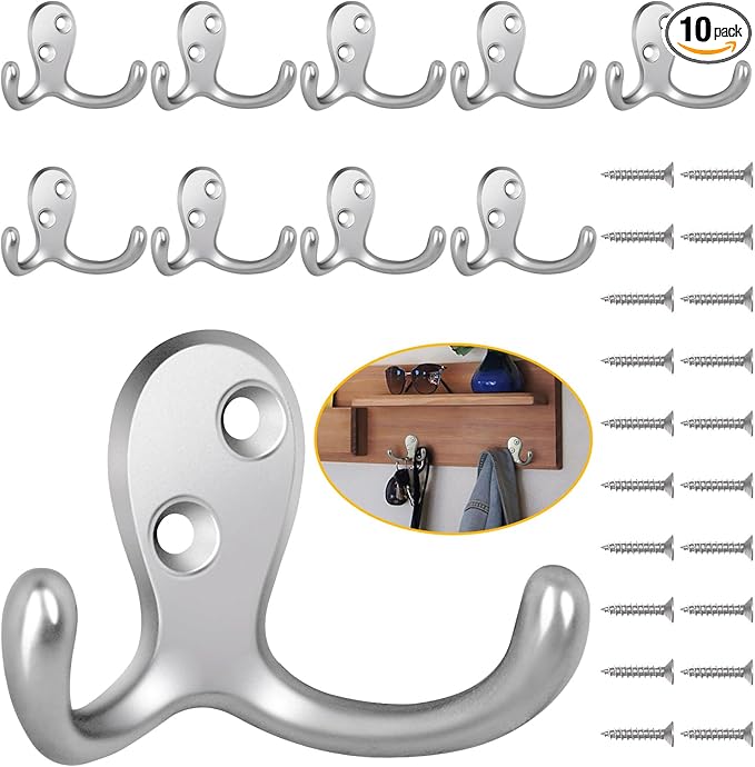 Homanu 10 Pack Coat Hooks, Heavy Duty Double Prong Coat Hooks Wall Mounted by Homanu