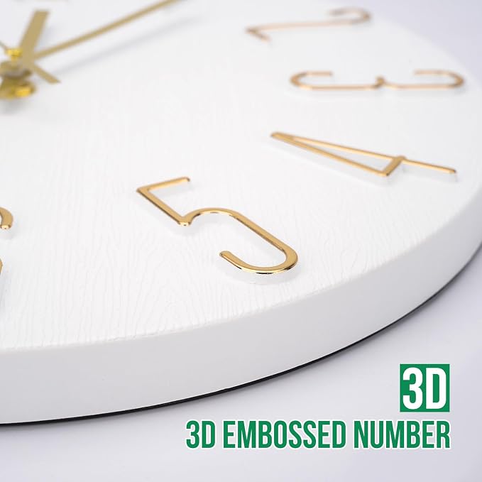 Wall Clock 12 Inch Silent Non-Ticking Imitation Wood Indoor Clock Round White - Image 6