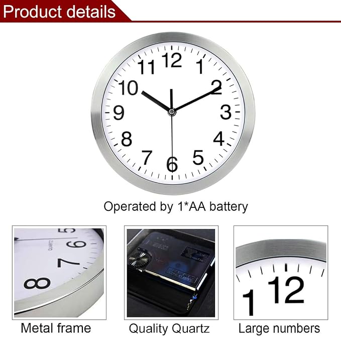 SIN&MI Wall Clock Metal Frame Glass Cover Non-Ticking Number Quartz Wall Clock - Image 3