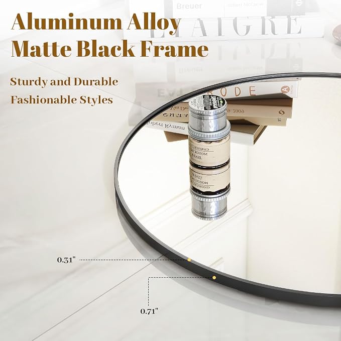 VooBang Black Round Mirror, Small 16" Circle Mirror, Round Wall Mirror - Image 2