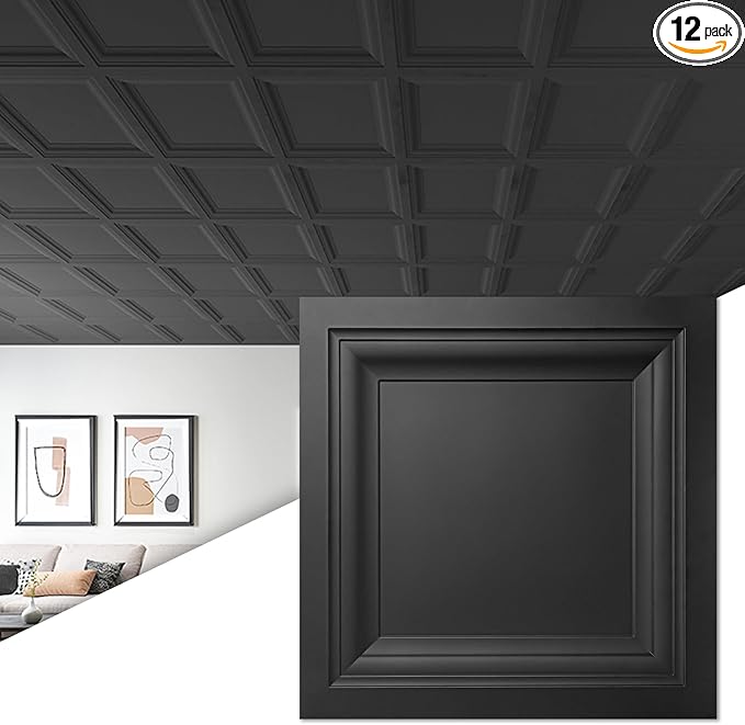 Art3d 12-Pack Square Black Drop Ceiling Tile 2ft x 2ft, PVC Ceiling Panel 24 x by Art3d