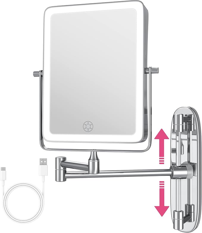 Wall Mounted Lighted Makeup Mirror, Rectangle Double Sided 1X/7X Magnifying by Qimh