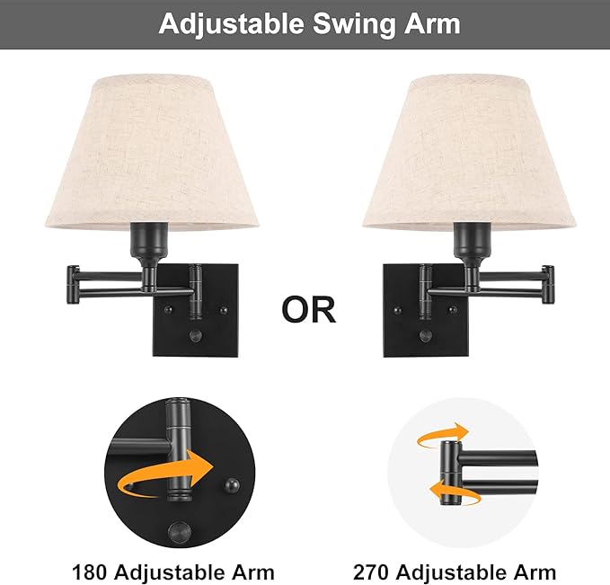 TRLIFE Wall Sconce Plug in, Dimmable Wall Sconces Set of Two Swing Arm Wall - Image 3