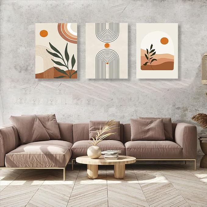 Boho Wall Art Set of 3, MidCentury Modern Wall Prints Framed Canvas Paintings - Image 2