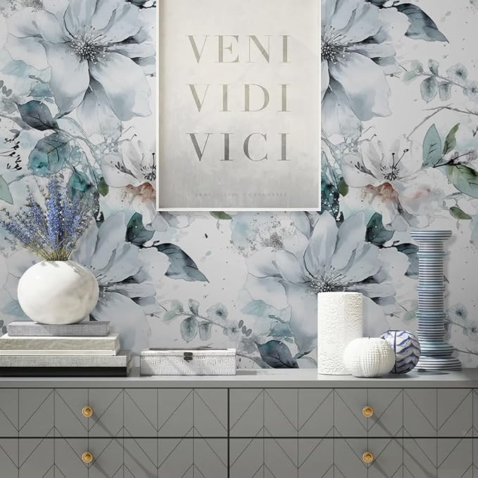 Ice Blue White Large Hyacinth Floral Green Leaf Peel and Stick Wallpaper Wall - Image 4