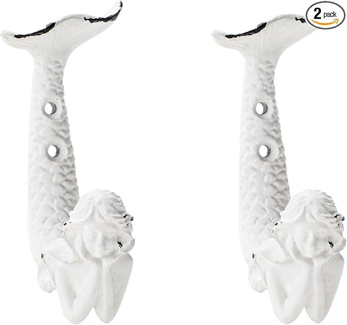 SOFFEE DESIGN 2pcs White Mermaid Shape Metal Coat Hooks, Playful Mermaid Design by SOFFEEDESIGN