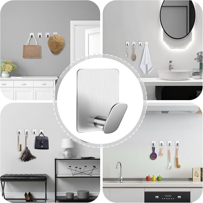 DELITON Sticky Hooks for Hanging Adhesive, Brushed Nickel, 6 Pack - Image 4
