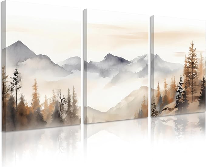 Neutral Mountain Wall Art Decor Set of 3 Forest Canvas Wall Art Poster by Unknown