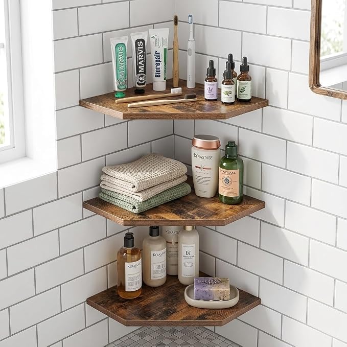 SUYU Set of 3 Floating Corner Shelves, 11.8" Rustic Wood Corner Shelf Wall - Image 2