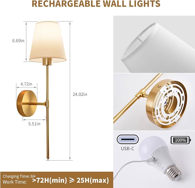 Battery Operated Wall Sconce Set of 2, Cordless Wall Lamps - Image 2