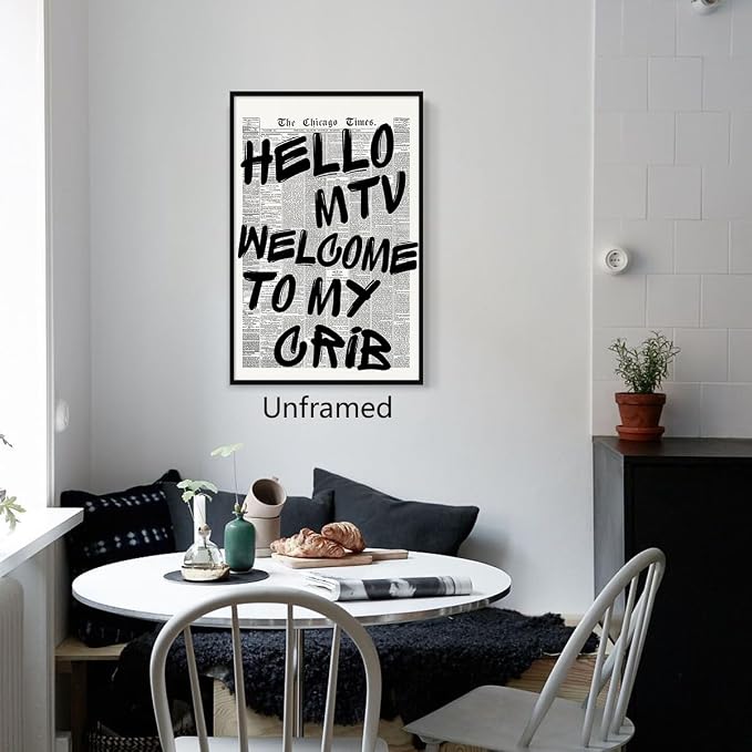 Hello MTV Welcome To My Crib Quote Poster, Vintage Black White Newspaper Canvas - Image 5