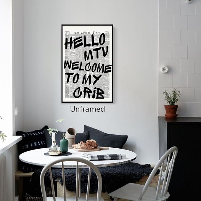 Enlaizhude Hello MTV Welcome To My Crib Quote Poster, Vintage Black White - Image 5