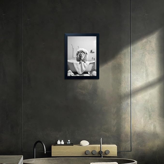 Framed Black and White Animal Bathroom Wall Art Funny Lion in tub Bathroom - Image 8