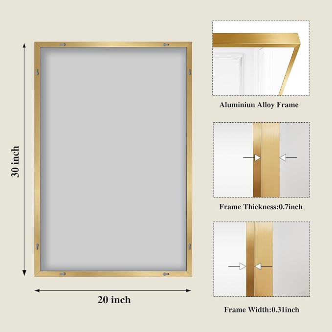 Koonmi Gold Rectangle Wall Mirror, 20x30 Inch Bathroom Mirror, Aluminum Frame - Image 2