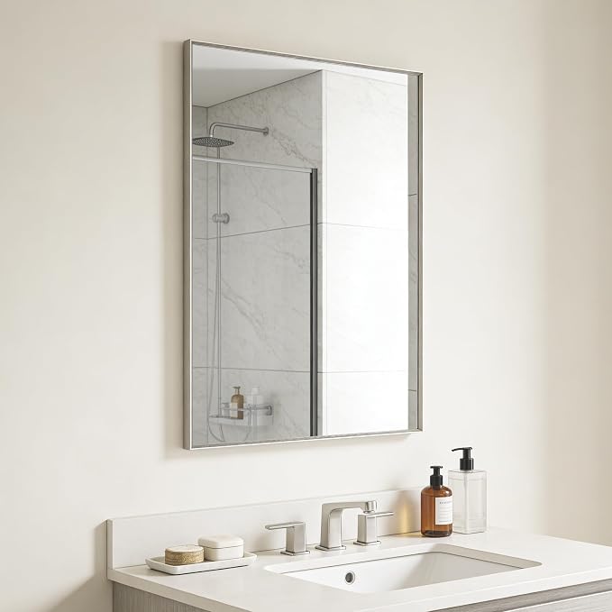 Bathroom Mirror for Wall, 36x24 Inch Metal Framed Mirror, Brushed Nickel by Ruomeng