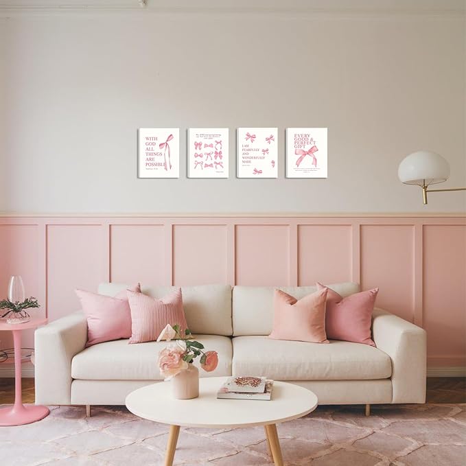 SEHSUVC Coquette Pink Bow Bible Verse Wall Art Set of 4, Christian Scripture - Image 7