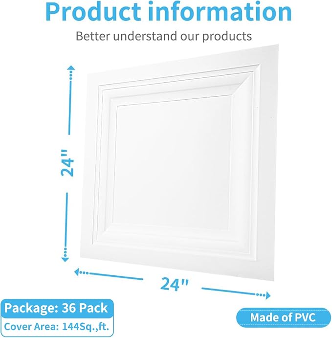 Art3d 36-Pack Square Drop Ceiling Tile 2ft x 2ft in White, PVC Ceiling Panel 24 - Image 2