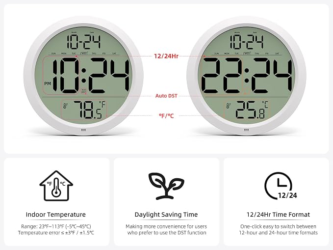 Digital Wall Clock with Date, Indoor Temperature, Battery-Operated Digital Clock - Image 4