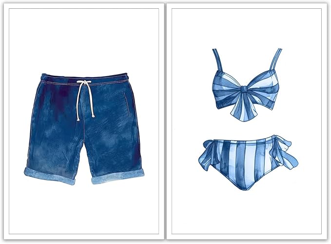 Liyark Set of 2 Retro Navy Blue And White Swimsuit Art Posters Beach Bathing by Liyark
