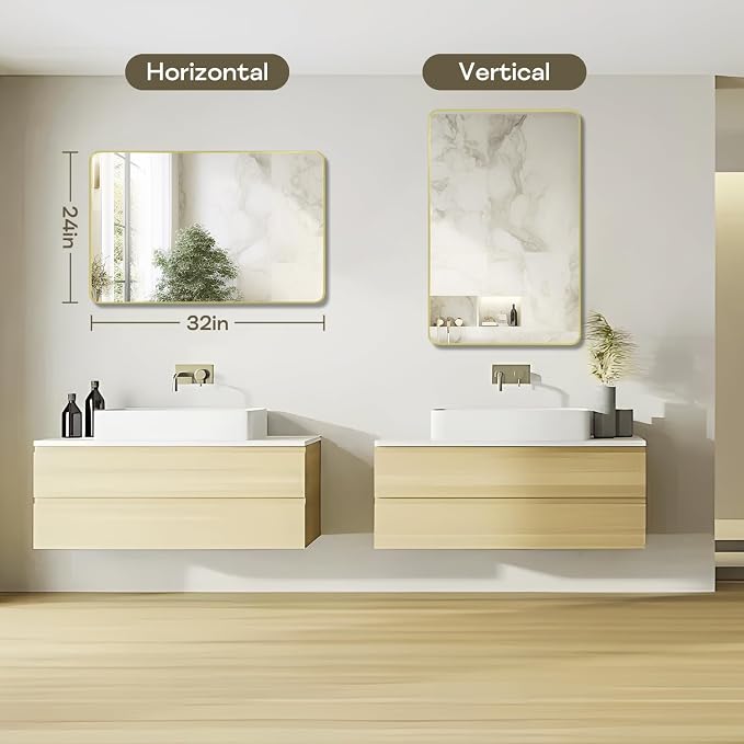 Gold Framed Bathroom Mirror, Brushed Gold Bathroom Vanity Wall Mirror, Rounded - Image 3