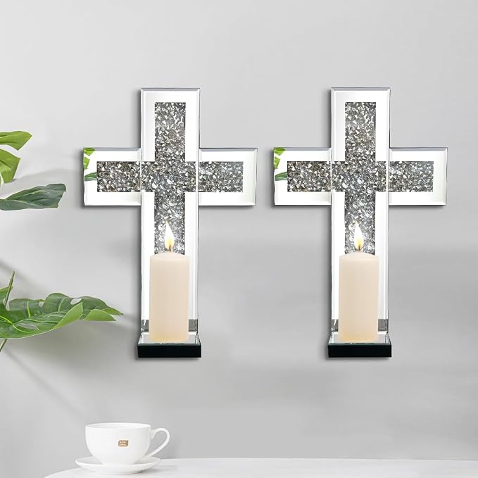 Aeveco Crystal Crush Diamond Mirrored Candle Sconces, Wall Decoration - Image 4