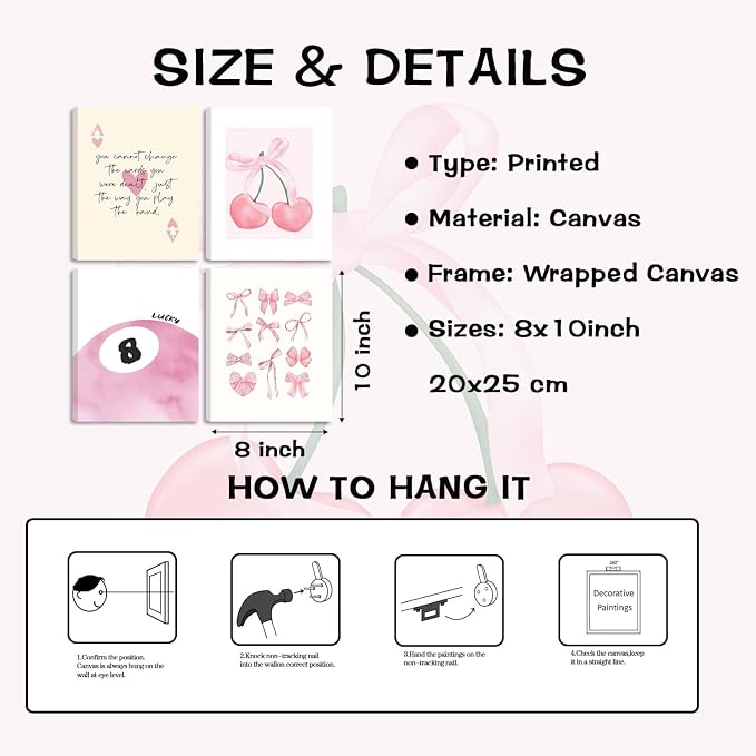 SEHSUVC Pink Coquette Y2K Lucky Wall Art Set of 4, Preppy Aesthetic Canvas - Image 3