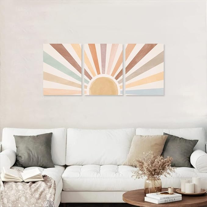 Boho Sun Wall Art Set of 3, Framed Canvas Wall Art Rainbow Sun Rising on the - Image 4