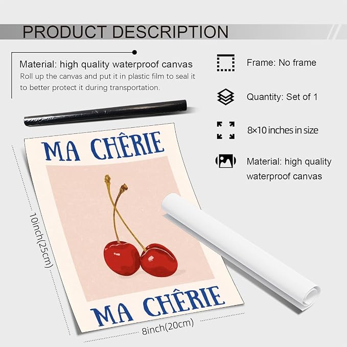 jkahh Funky Cherry Wall Art Vintage Red Blue Aesthetic Poster Trendy Ma Cherie - Image 2
