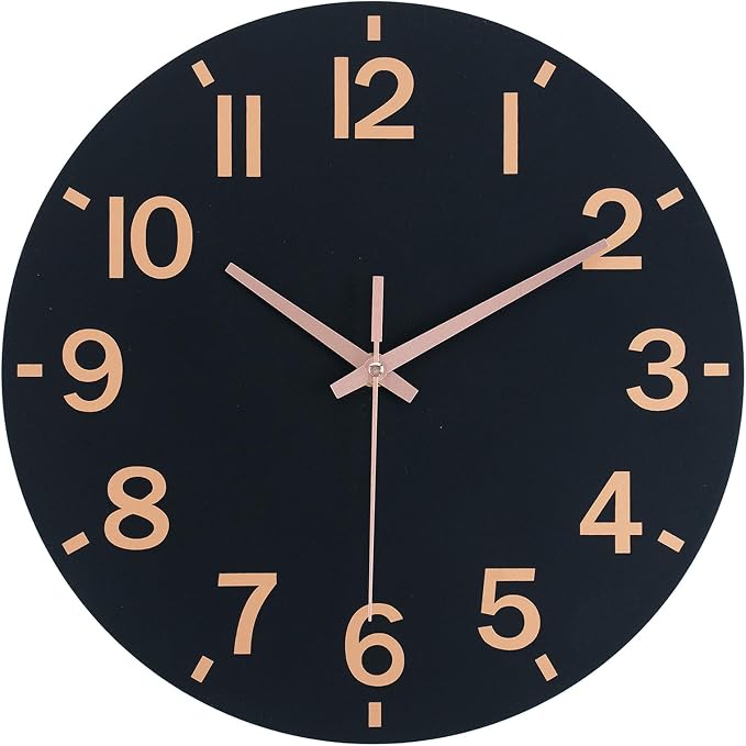 HZDHCLH Wall Clock 12 Inch Silent Non Ticking Wood Battery Operated Black by HZDHCLH