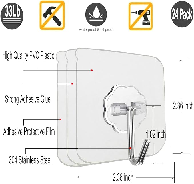 Jwxstore 24 Pack Self Adhesive Hooks Heavy Duty - 33lb Max - Image 2